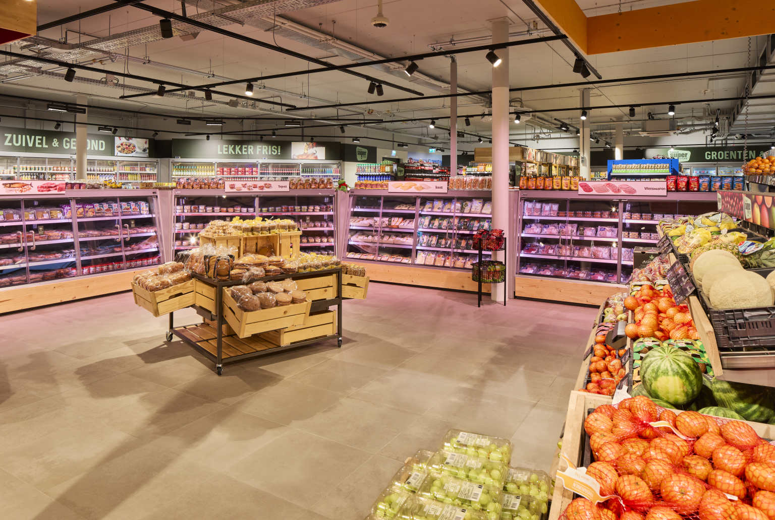On site superstore at Duinrell campsite, Netherlands, with fruit and meat counters