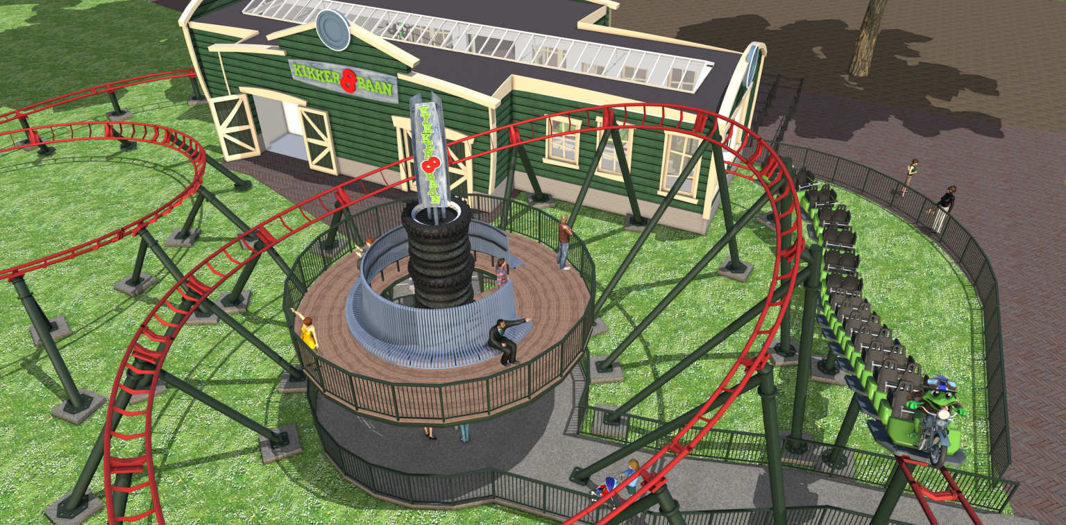 Artist impression of the new Kikker 8 Bahn mini roller coaster kds ride at Duinrell, new for 2026
