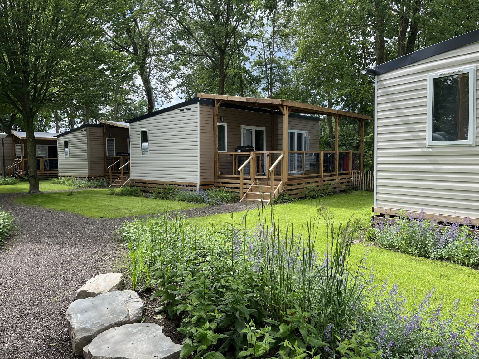 Row of holiday homes with covered decking under trees at Klein Canada campsite in the Netherlands