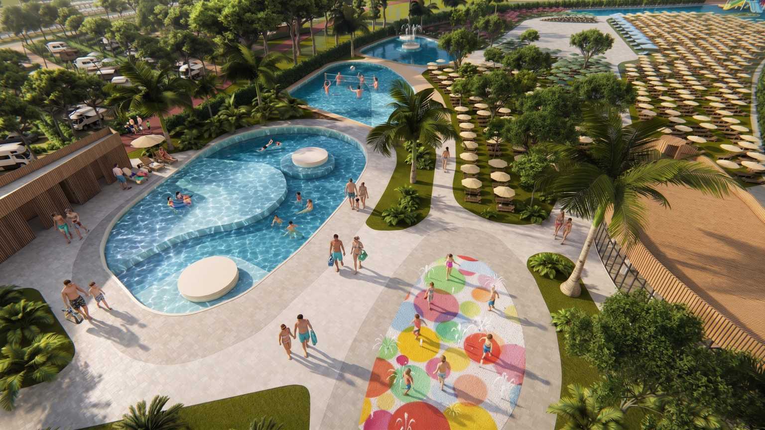 IA103 Delta Open Air Resort drone photo of pool and kids splash zone  - generated image