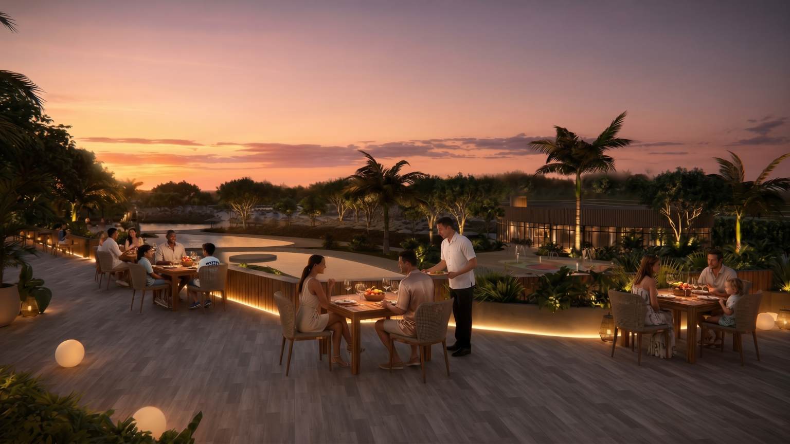 IA103 Delta Open Air Resort, guests enjoying rooftop dining with background pools - generated image