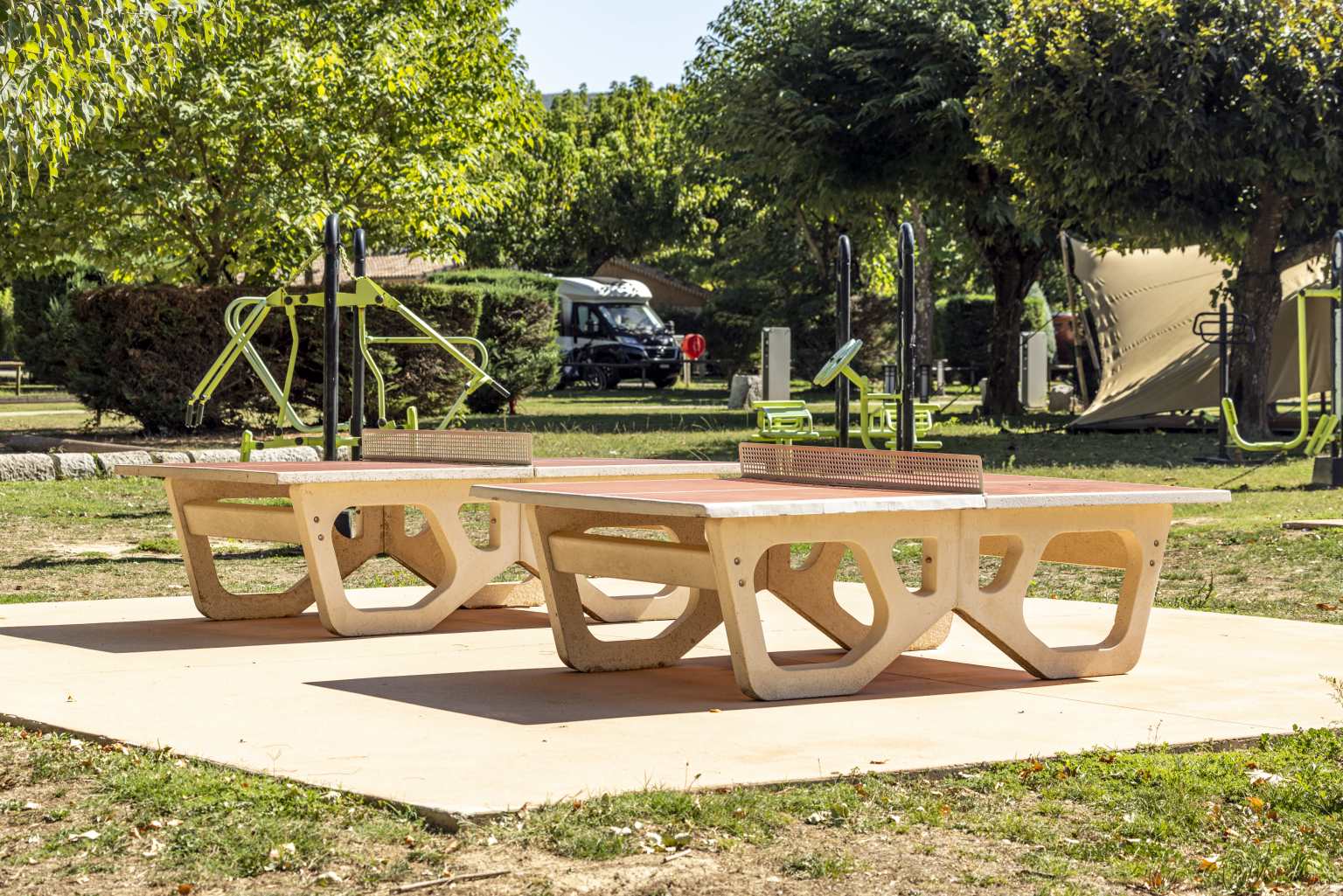 Outdoor table tennis tables at Camping l’Ardéchois, Vallon-Pont-d'Arc