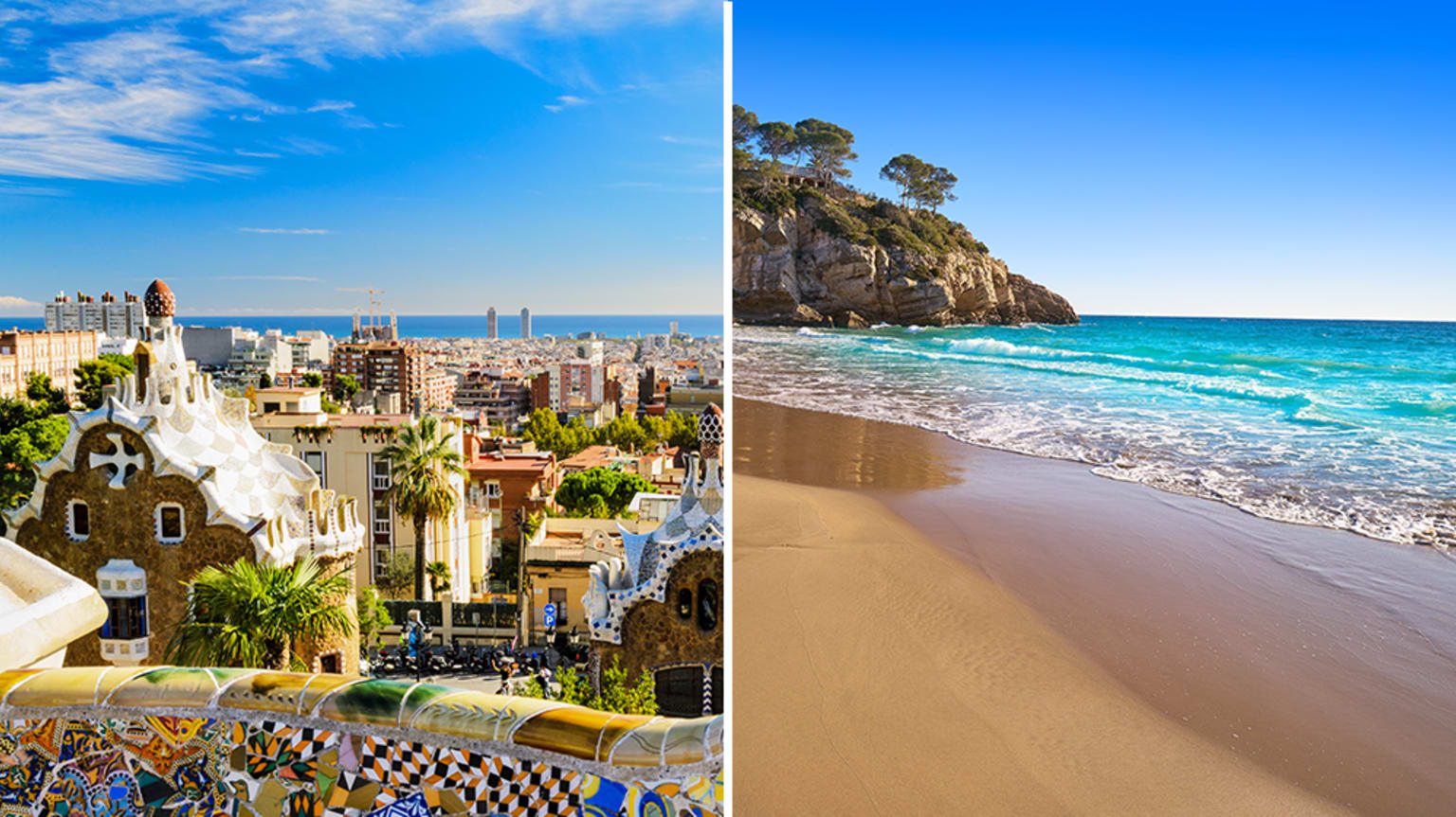 Eine Bildercollage, die auf der linken Seite einen Panoramablick über Barcelona und auf der rechten Seite einen sonnigen Strand zeigt.