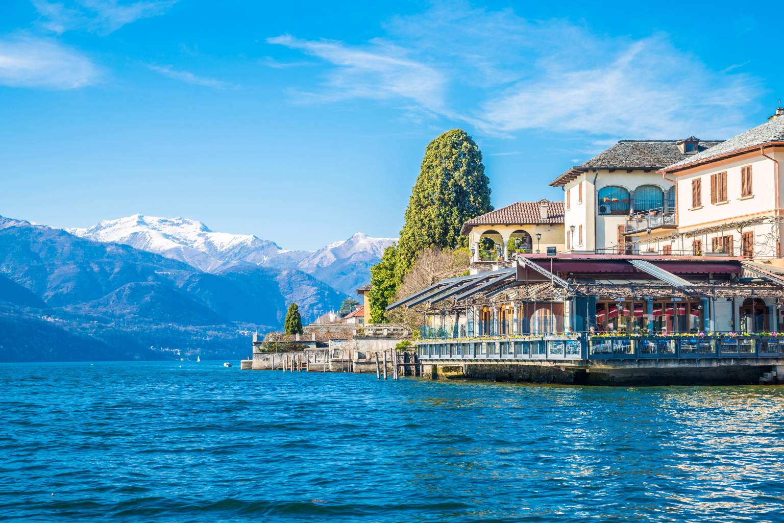 View of Piazza Motta in Orta San Giulio from a Taxi boat, Lake Orta, Piedmont, Italy 