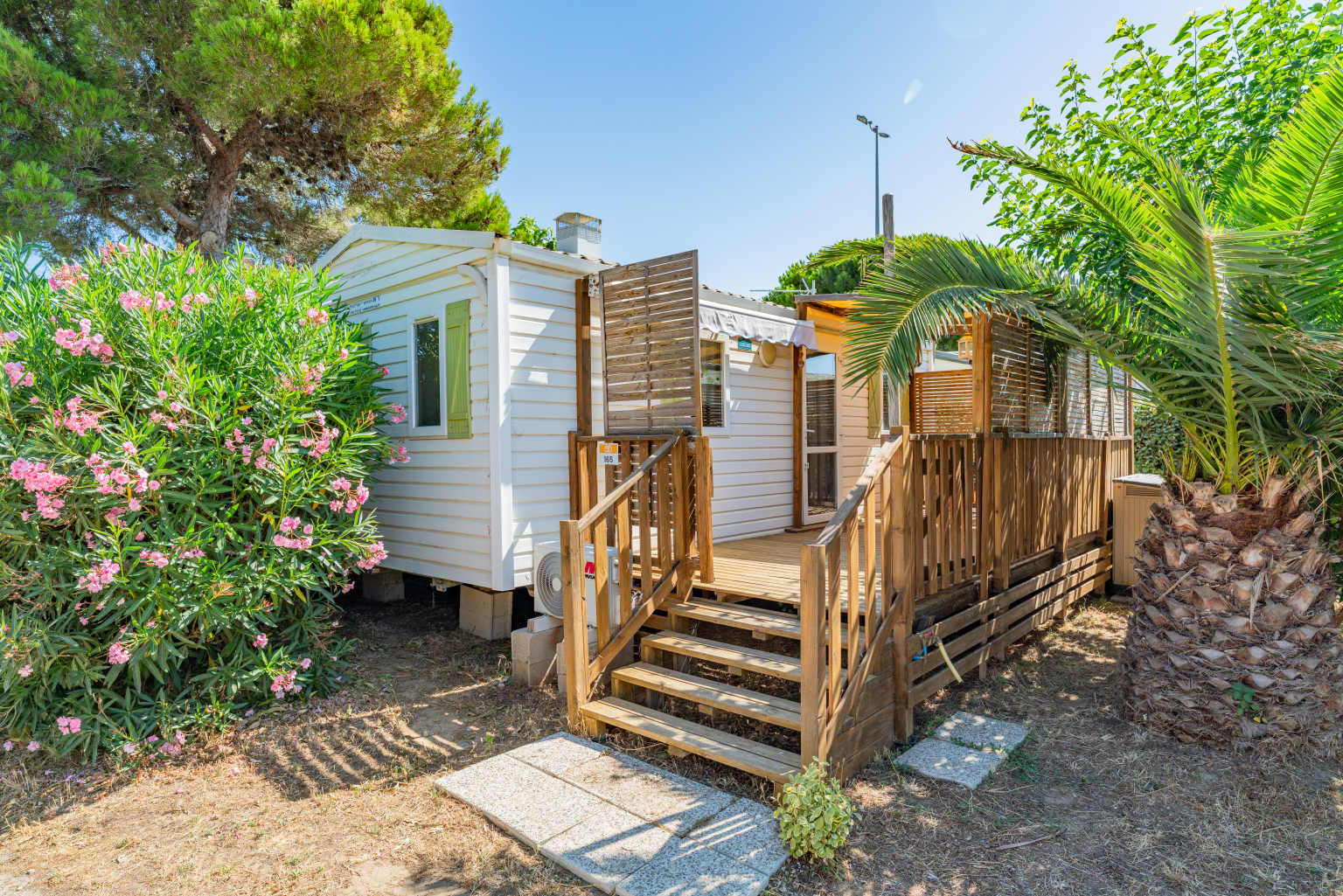 Holiday home next to palm trees and flowering hedges at Novela Port La Nouvelle campsite, Languedoc