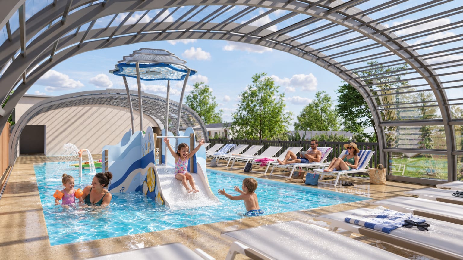 Renderings of new pool complex at at la Grande Metairie campsite near Carnac in Brittany