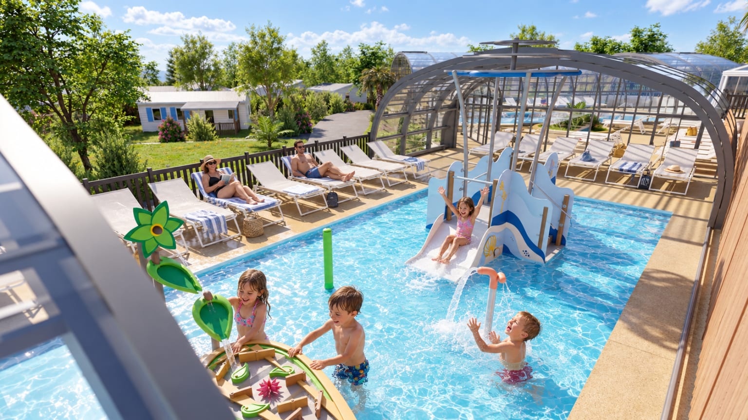 Renderings of new pool complex at at la Grande Metairie campsite near Carnac in Brittany