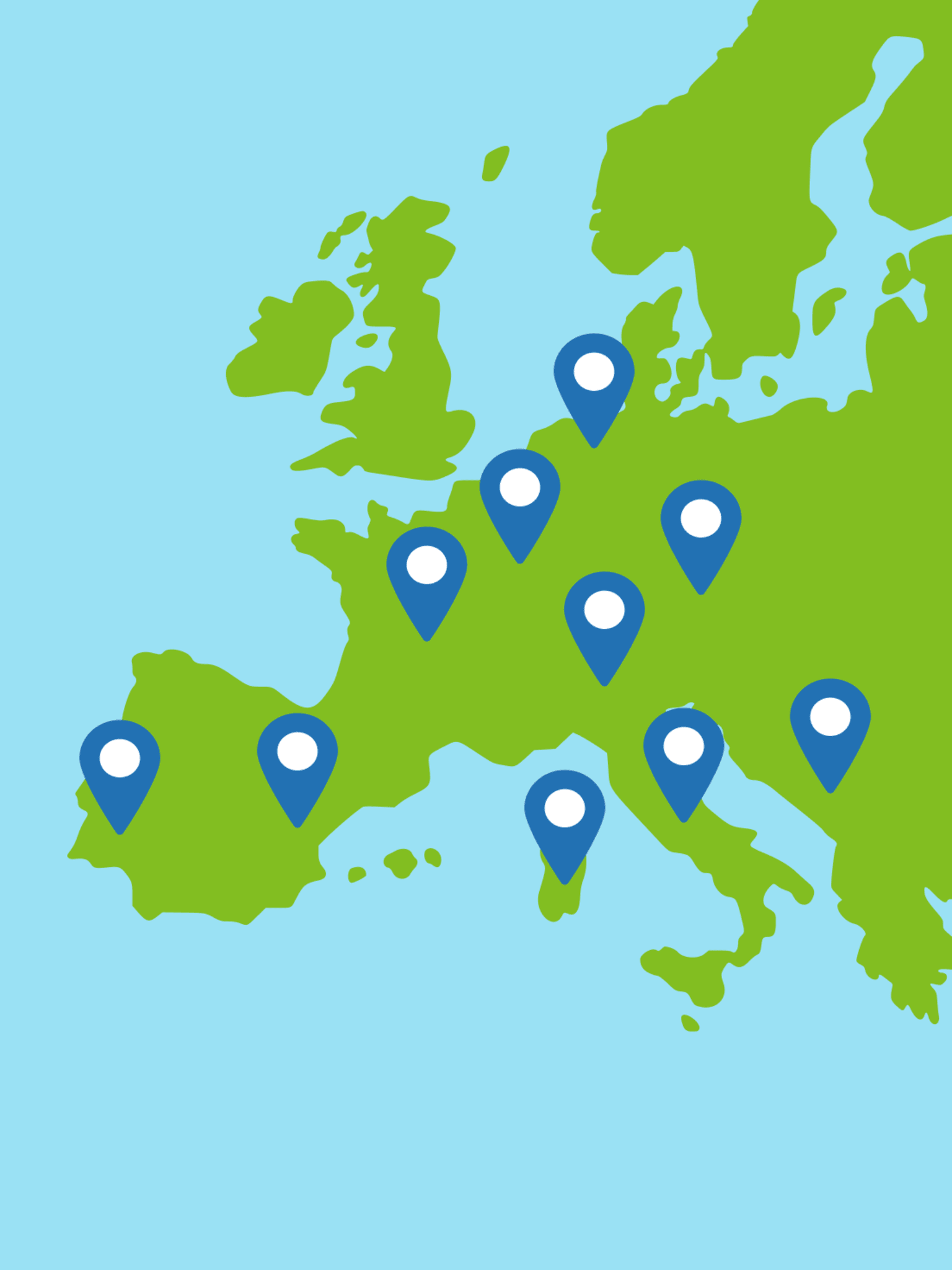 Eine stilisierte Europakarte, die alle Länder mit Eurocamp Campingplätzen zeigt