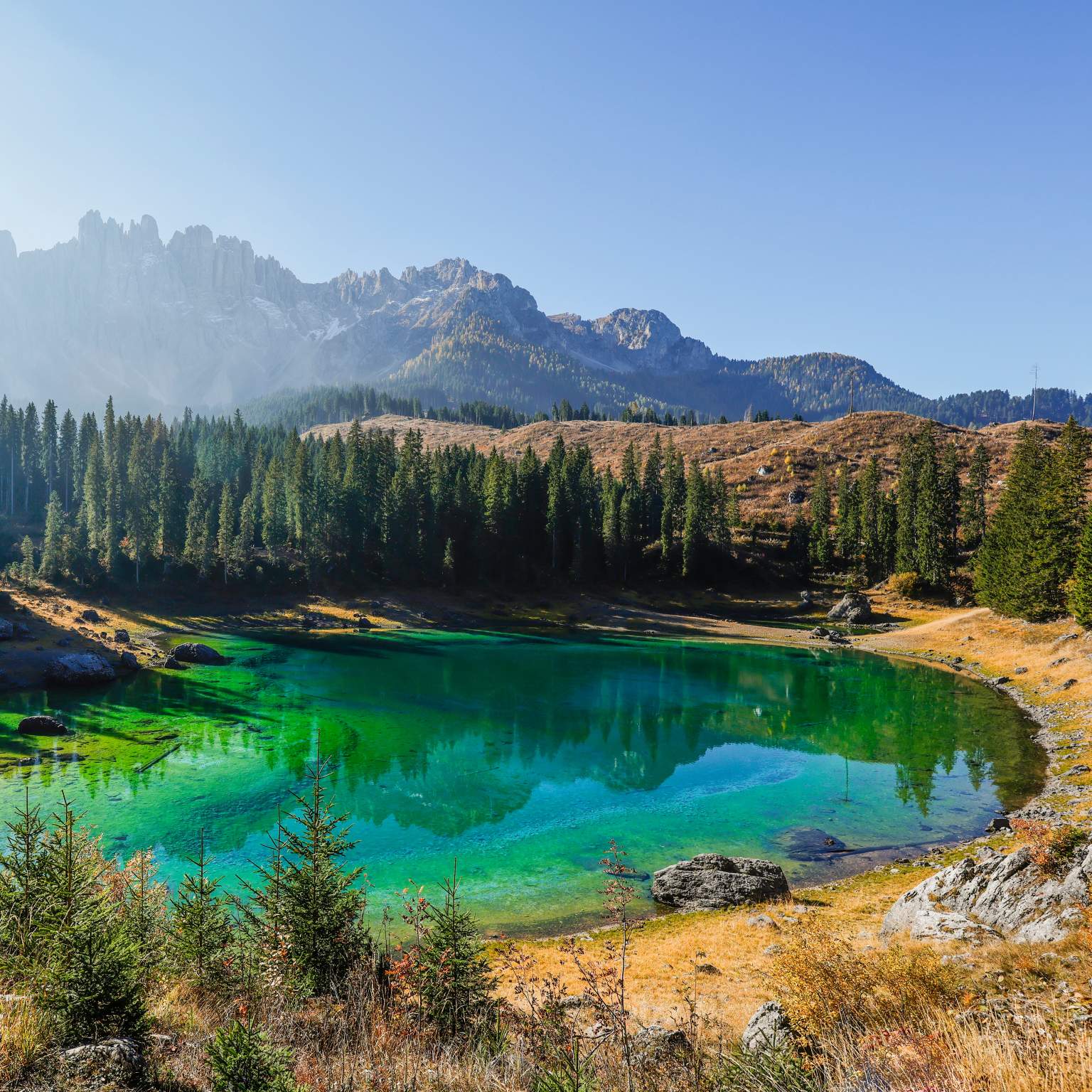 Carezza lake by forest within the mountains, Trentino,-South Tyrol, Italy