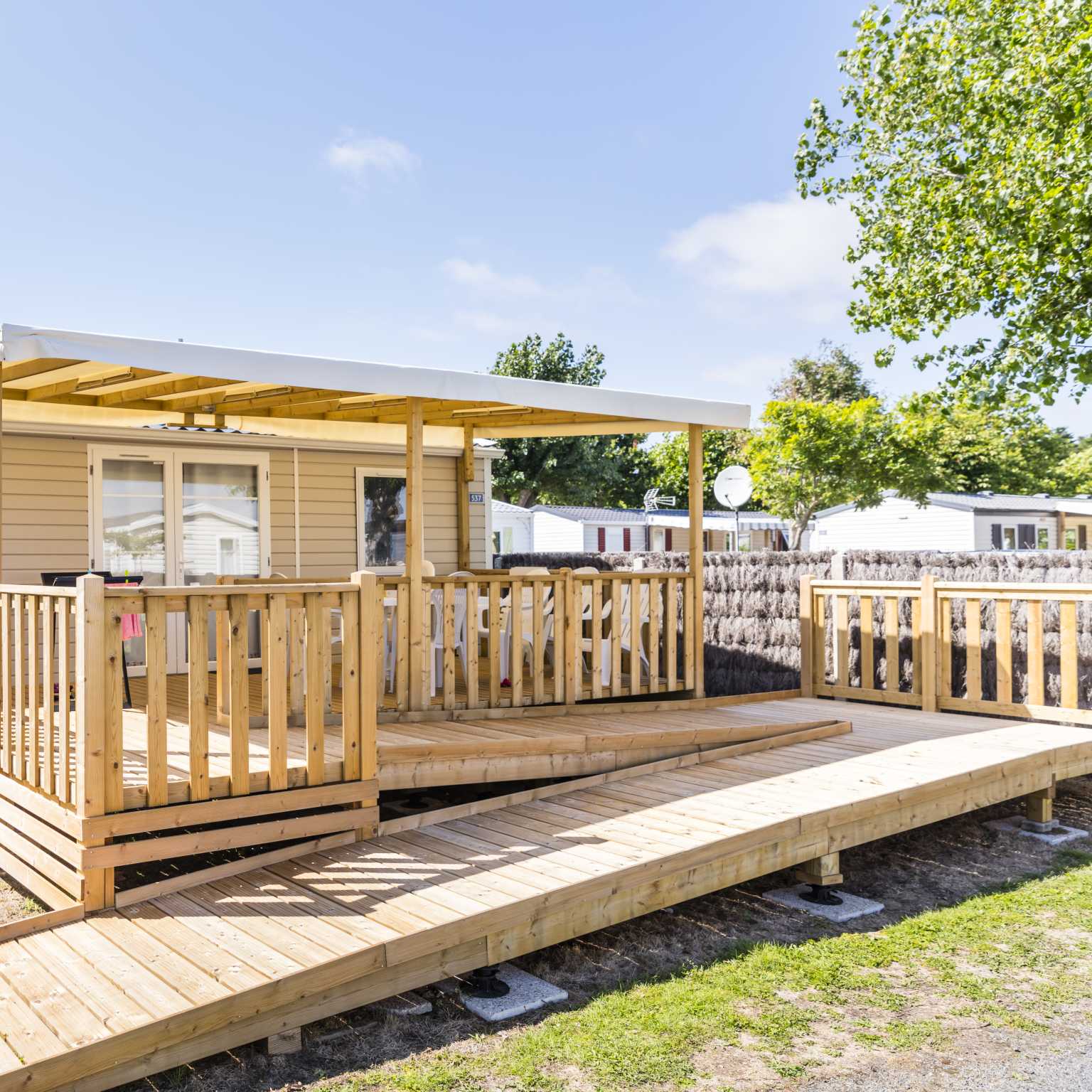 Wheelchair Adapted mobile home with ramp access to decking