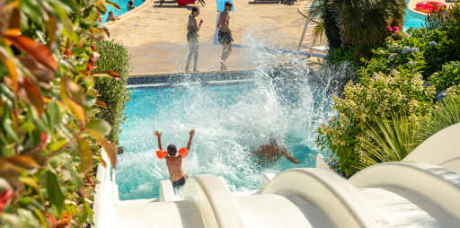 The splash after going down the tobaggan waterslide at la Grande Metairie campsite near Carnac in Brittany