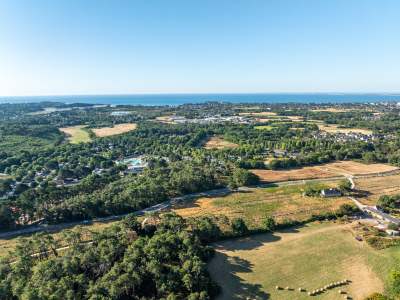 Aerial view of woods near La Grand Metairie campsite, fields, Carnac town in the distance and coast, Brittany