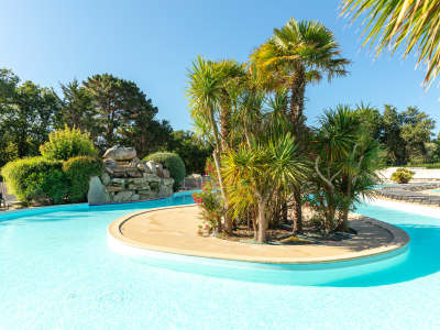 Palms on an island at the pool at la grande metairie, campsite, south brittany