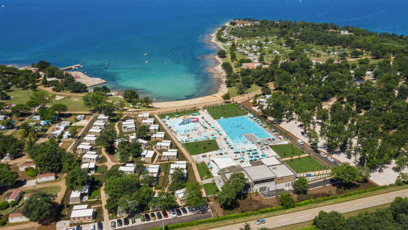Aerial view of Park Umag campsite in Istria, with its pools, pitches and the bay