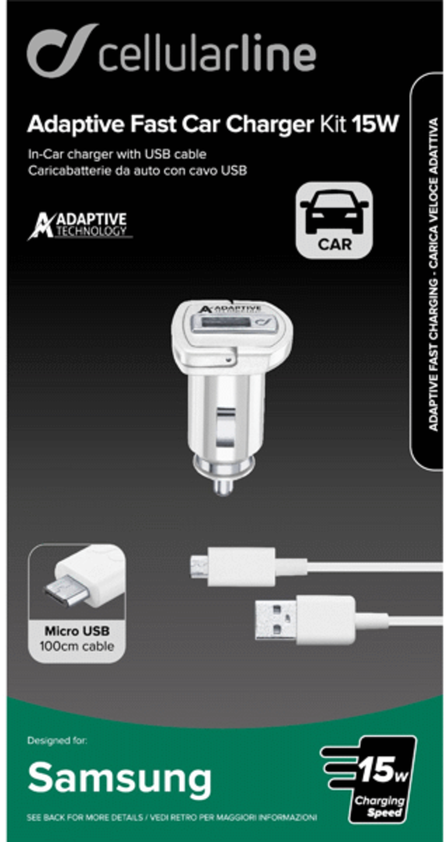 Cellularline Adaptive Fast Car Charger Kit 15w, Micro USB kabel 1 m.
