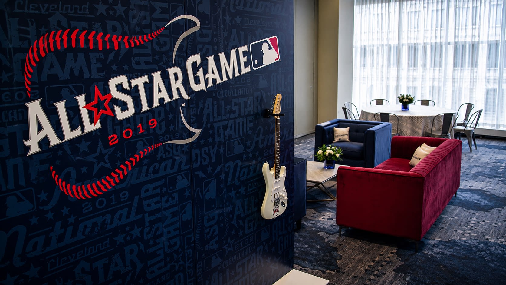 MLB branded lounge in Cleveland — branded bar setup
