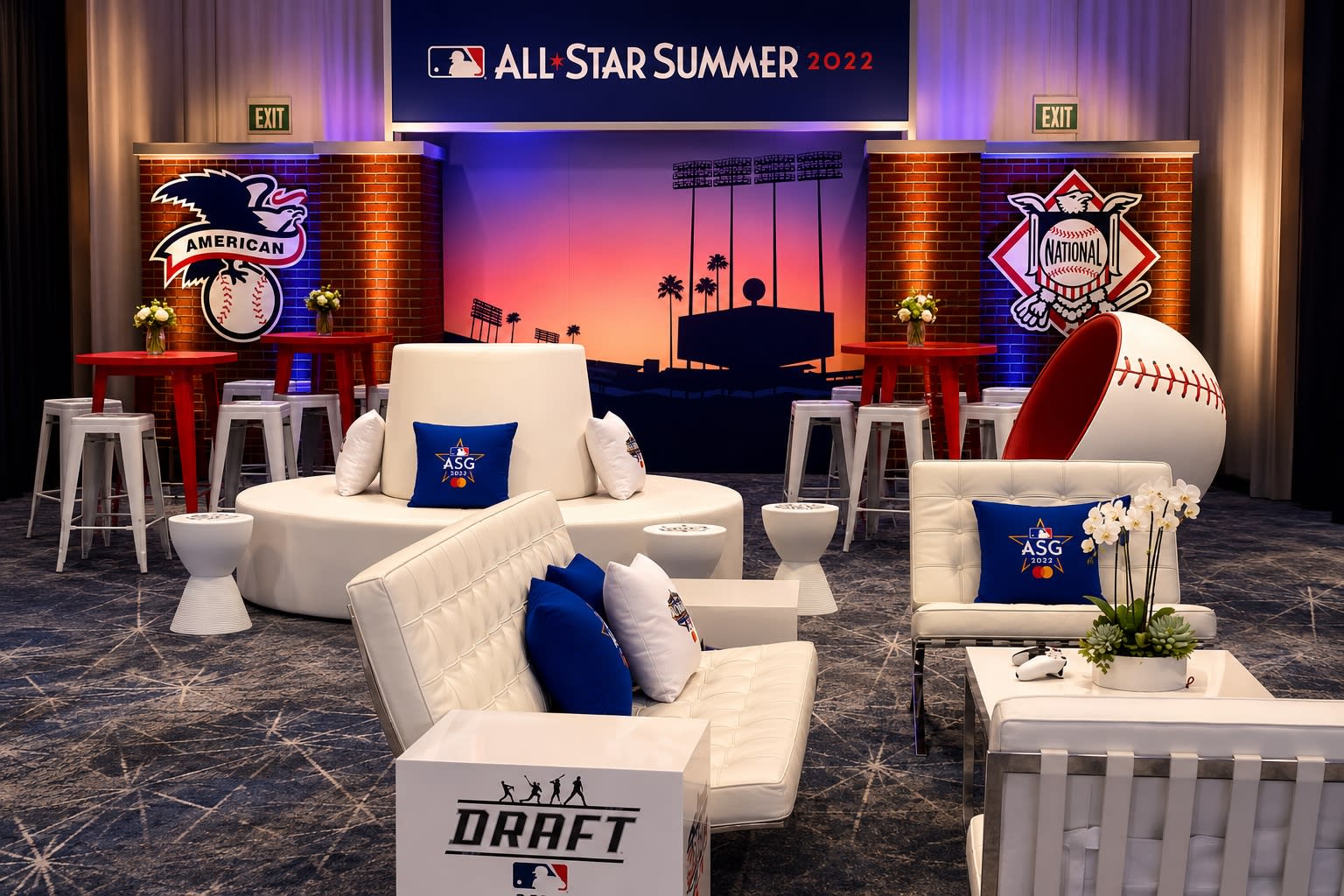 MLB branded lounge in Los Angeles — evening atmosphere