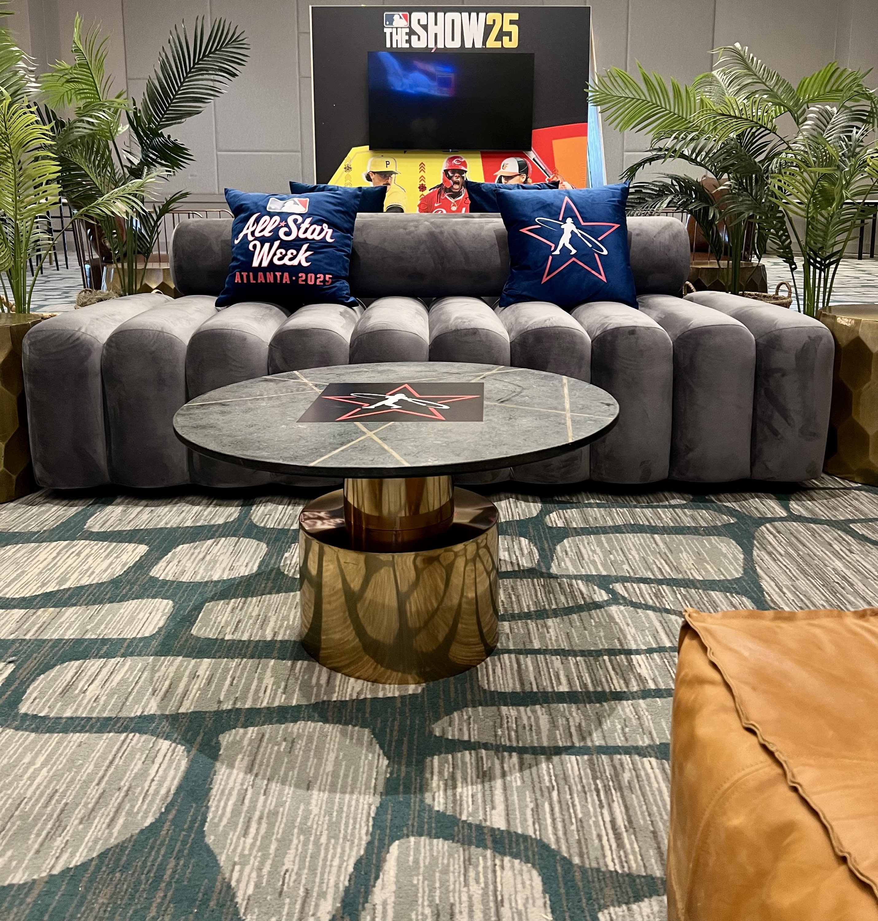 MLB branded lounge in Atlanta — evening ambiance