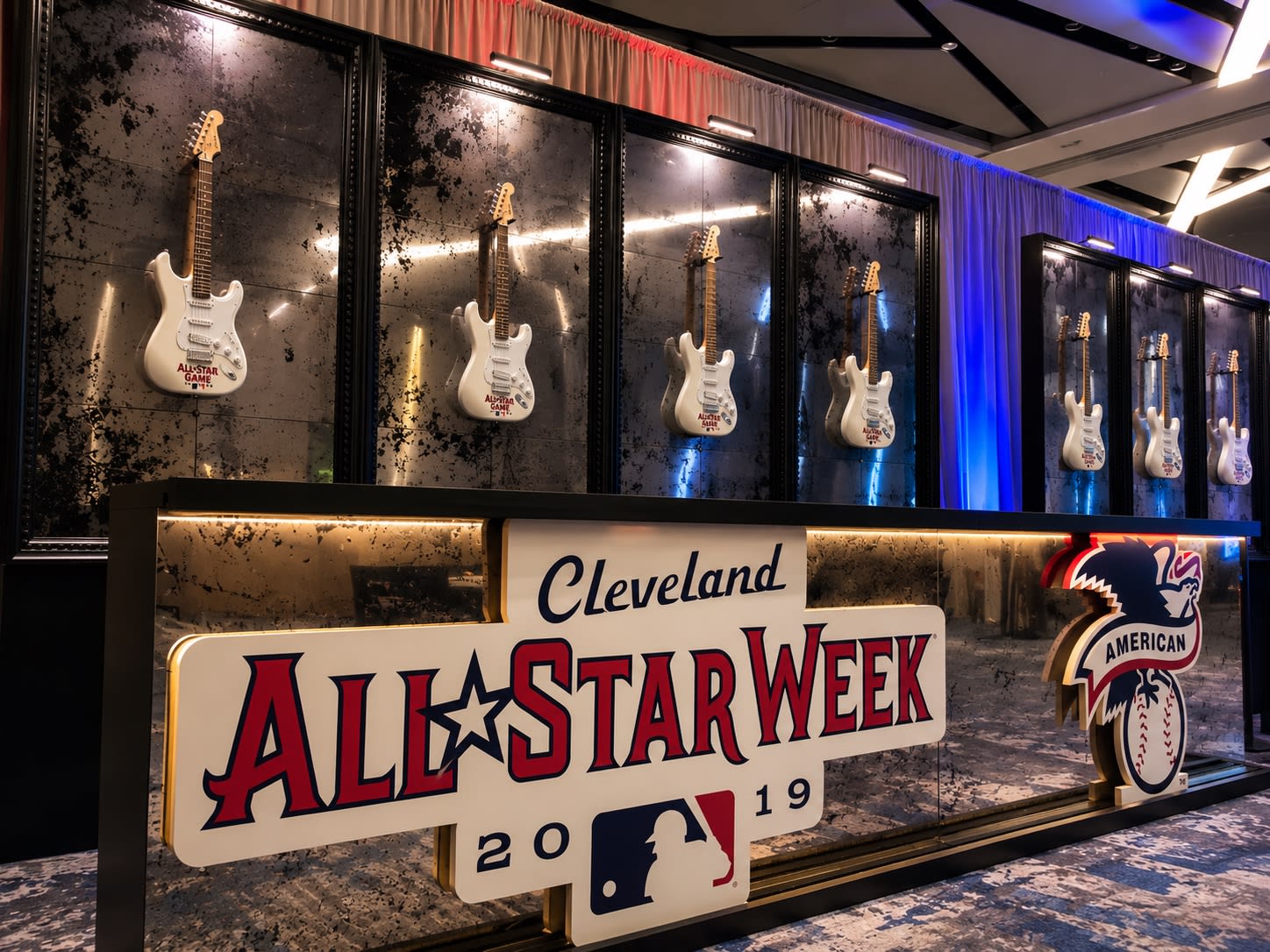 MLB branded lounge in Cleveland — wide view