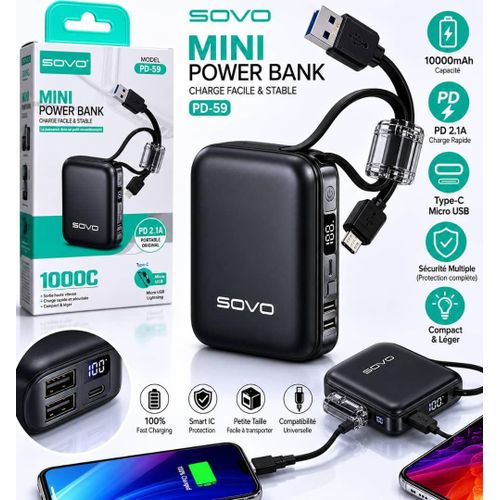 Mini Power Bank SOVO PD-59 – 10000 mAh avec Charge Rapide 22.5W PD & Câbles Intégrés
