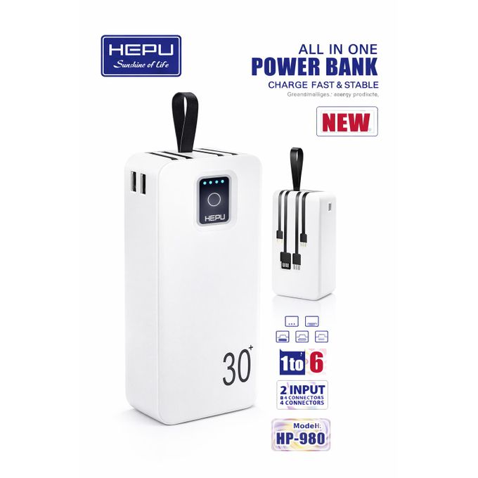 Power Bank HEPU HP-979 All In One – 20000 mAh avec Câbles Intégrés Multi-Connecteurs (1 to 6)