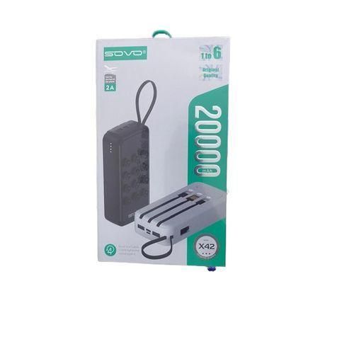 Power Bank SOVO X42 1 to 6 – 20000 mAh avec 4 Câbles Intégrés & Dragonne de Transport