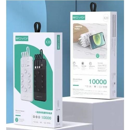 Power Bank SOVO X20 Ultra-Thin Polymer – 10000 mAh avec 4 Câbles Intégrés & Ventouses