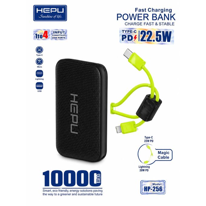 Power Bank HEPU HP-256 – 10000 mAh Fast Charging avec Charge Rapide 22.5W PD & Câble Vert Flash Intégré