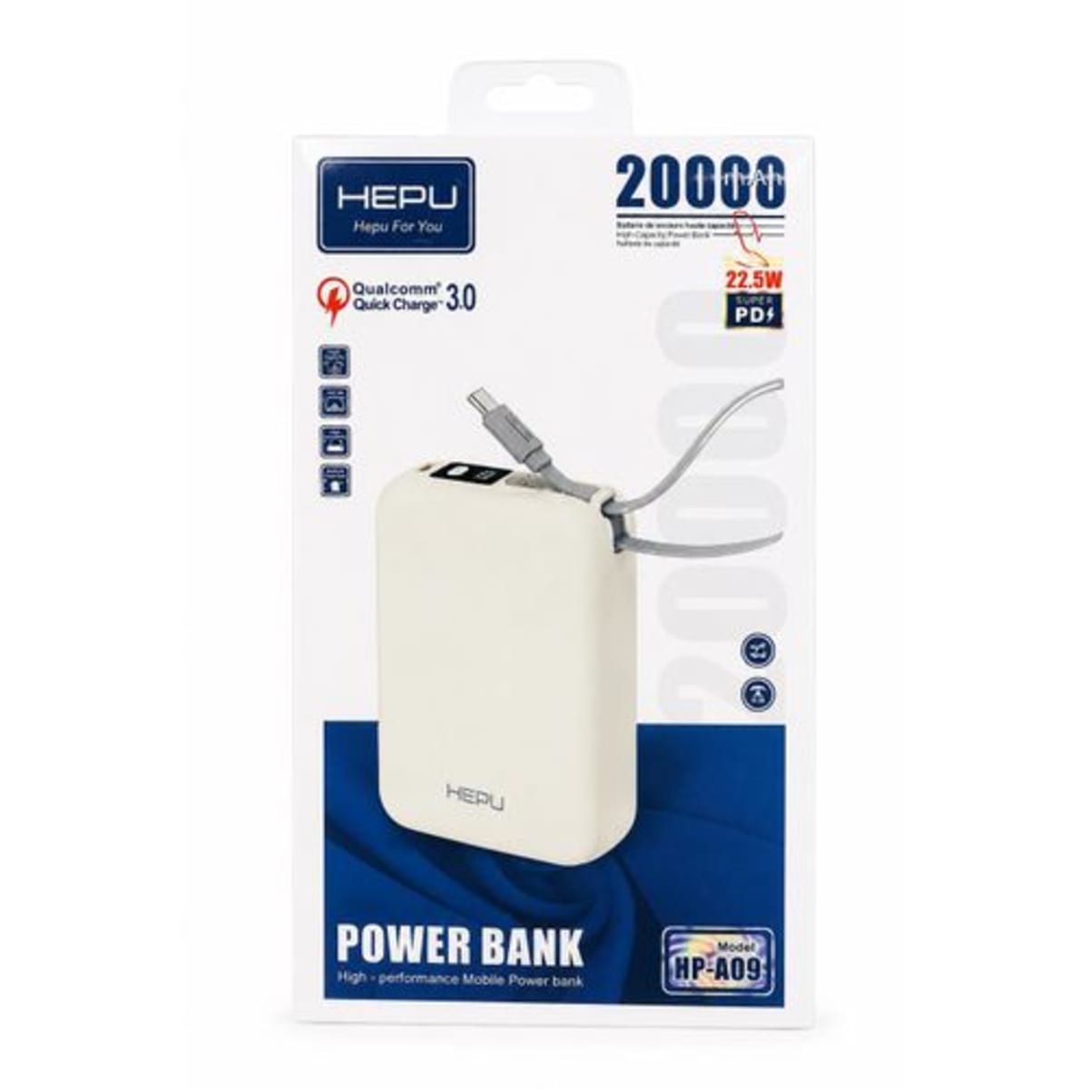 Power Bank HEPU HP-A10 – 30000 mAh avec Charge Rapide 22.5W PD & Qualcomm QC 3.0