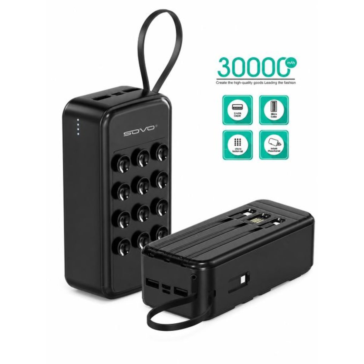 Power Bank SOVO X19 – 30000 mAh Haute Capacité avec Ventouses & Câble-Dragonne