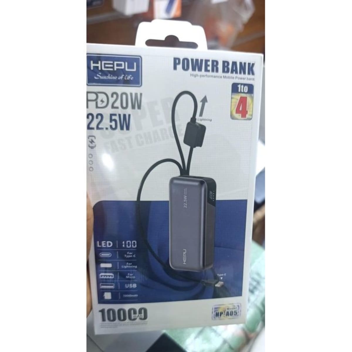 Power Bank HEPU HP-A05 – 10000 mAh avec Charge Rapide PD 20W –  22.5W et Câbles Intégrés 1 to 4 - vue 2