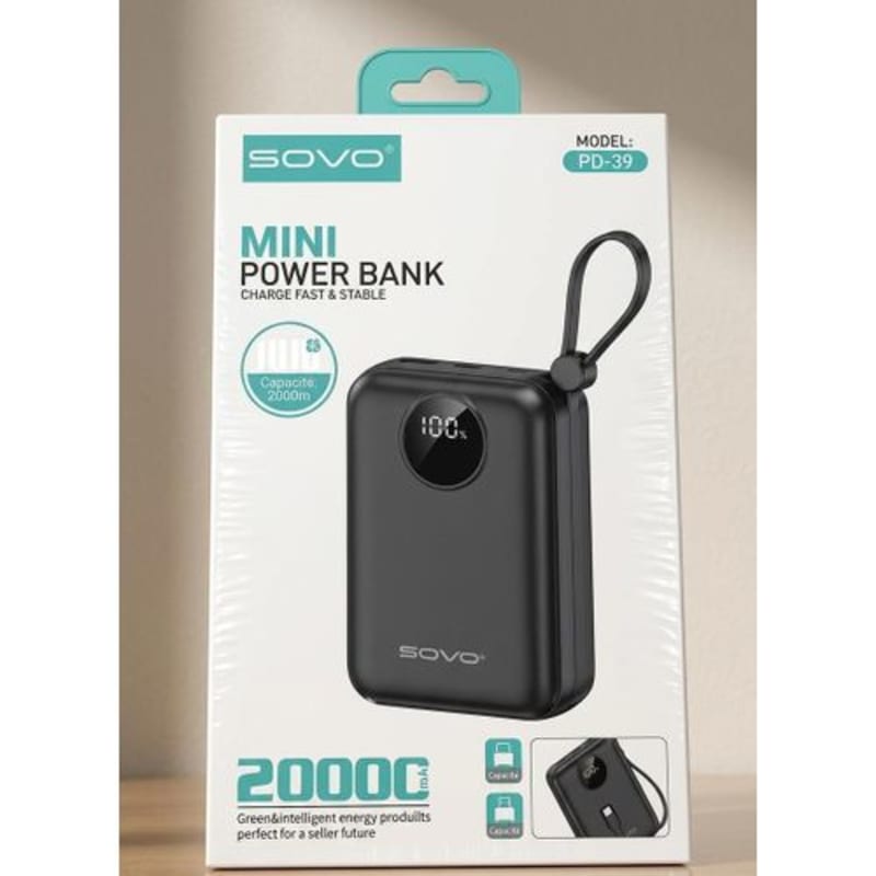 Mini Power Bank SOVO PD-39 – 20000 mAh avec Charge Rapide 22.5W PD & Câbles Intégrés