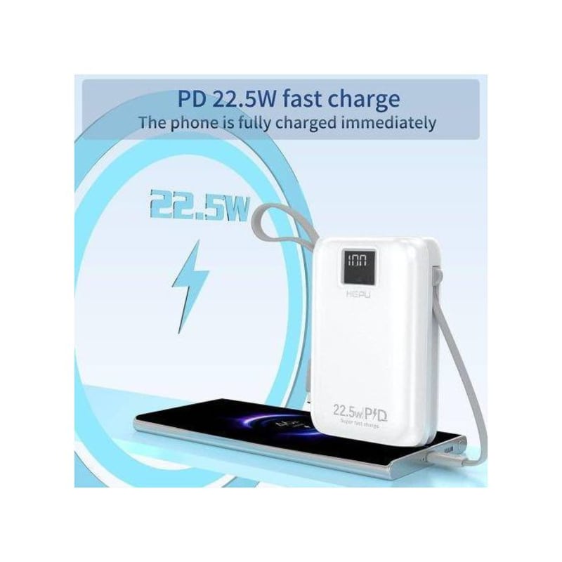 Power Bank HEPU HP-A02 All In One – 20000 mAh avec Charge Rapide 22.5W PD & Câbles Intégrés