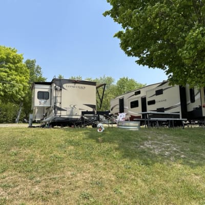 Two RVs parked on a grassy area with trees and picnic tables nearby.