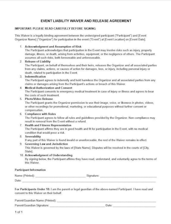 Event Liability Waiver Release Template