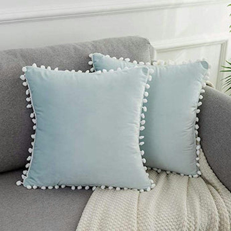 Pom Pom Throw Pillow - Light Blue