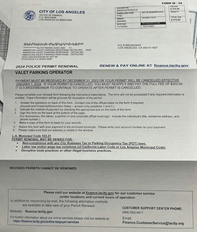 Permits for Valet Services