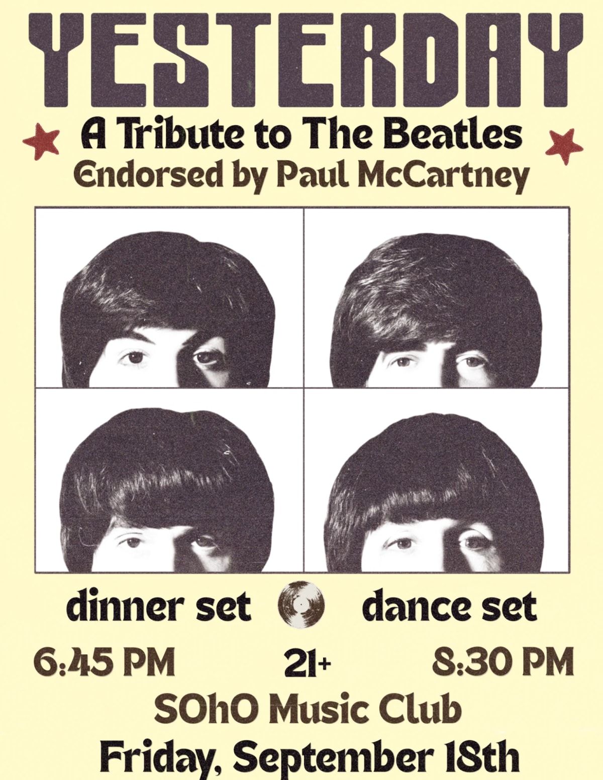 Yesterday: A Tribute to The Beatles at SOhO Restaurant & Music Club on Sep 18, 2026