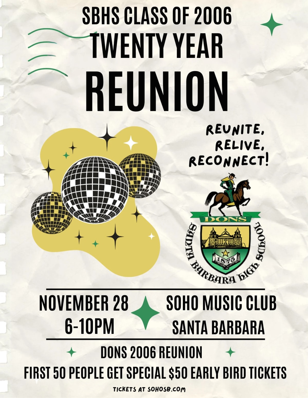 SBHS Twenty Year Reunion at SOhO Restaurant & Music Club on Nov 28, 2026