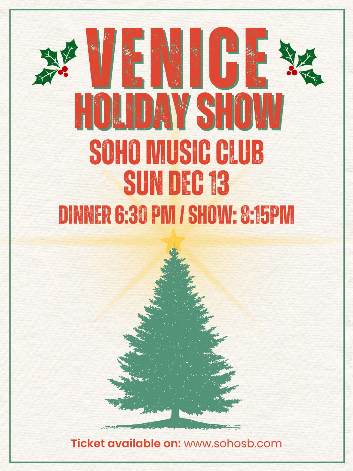 Venice Holiday Concert 2026 at SOhO Restaurant & Music Club on Dec 13, 2026