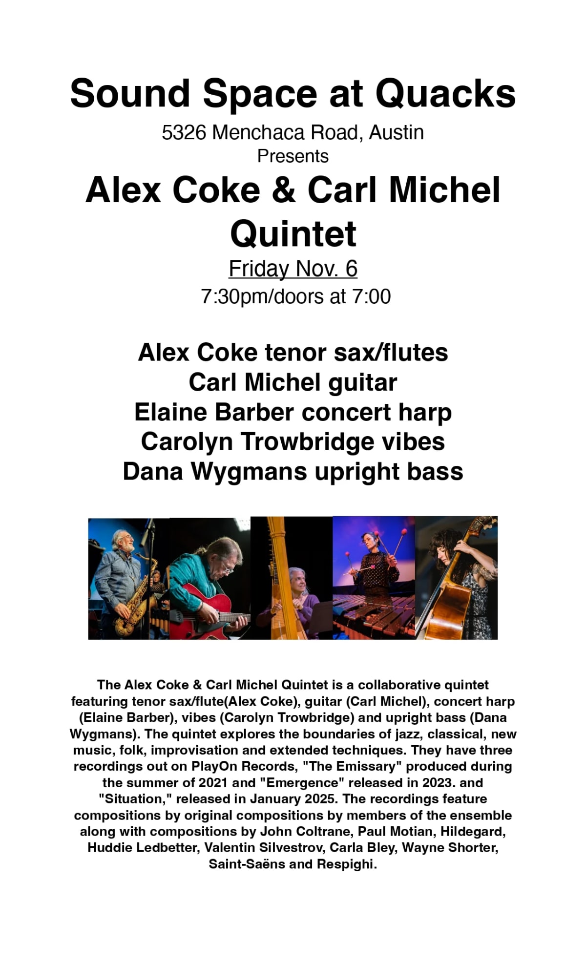 The Alex Coke & Carl Michel Quintet on Alex Coke Day at Soundspace at Captain Quack's on Nov 6, 2026