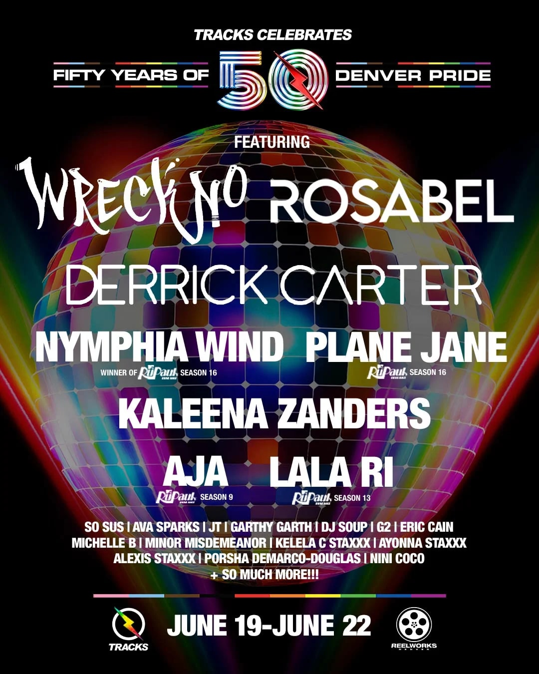 Tracks Pride 2024 events featuring Wreckno, ROSABEL, Derrick Carter, Nymphia Wind, Plane Jane, Kaleena Zanders, Aja, LaLa Ri, and More!