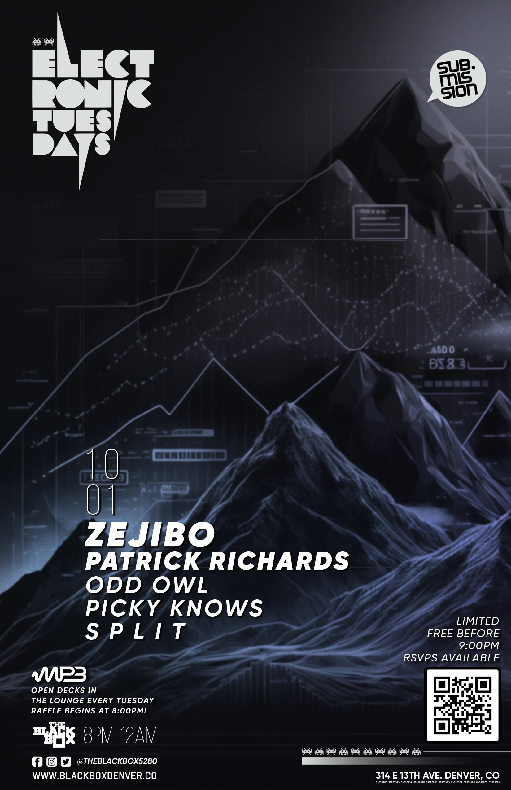 Sub.mission Electronic Tuesdays: zejibo w/ Patrick Richards, September Winners Battle + Open Decks sponsored by MP3 Magazine