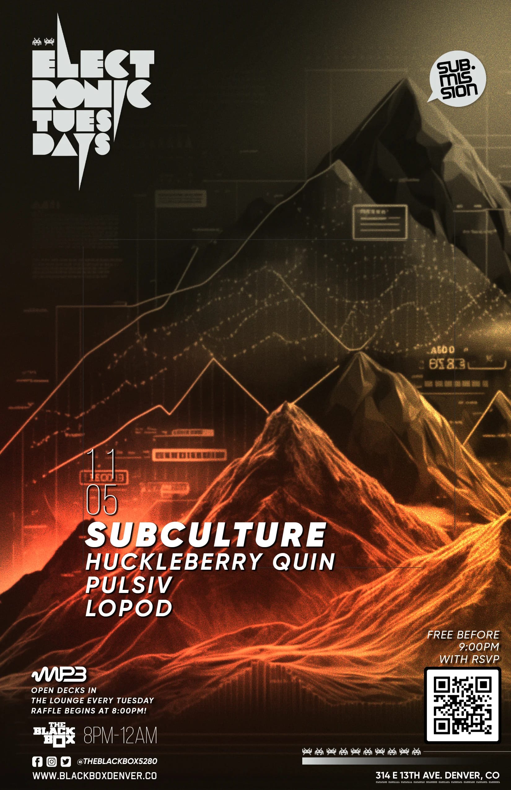 Sub.mission Electronic Tuesdays: Subculture w/ Huckleberry Quin, Pulsiv, LoPoD + Open Decks sponsored by MP3 Magazine