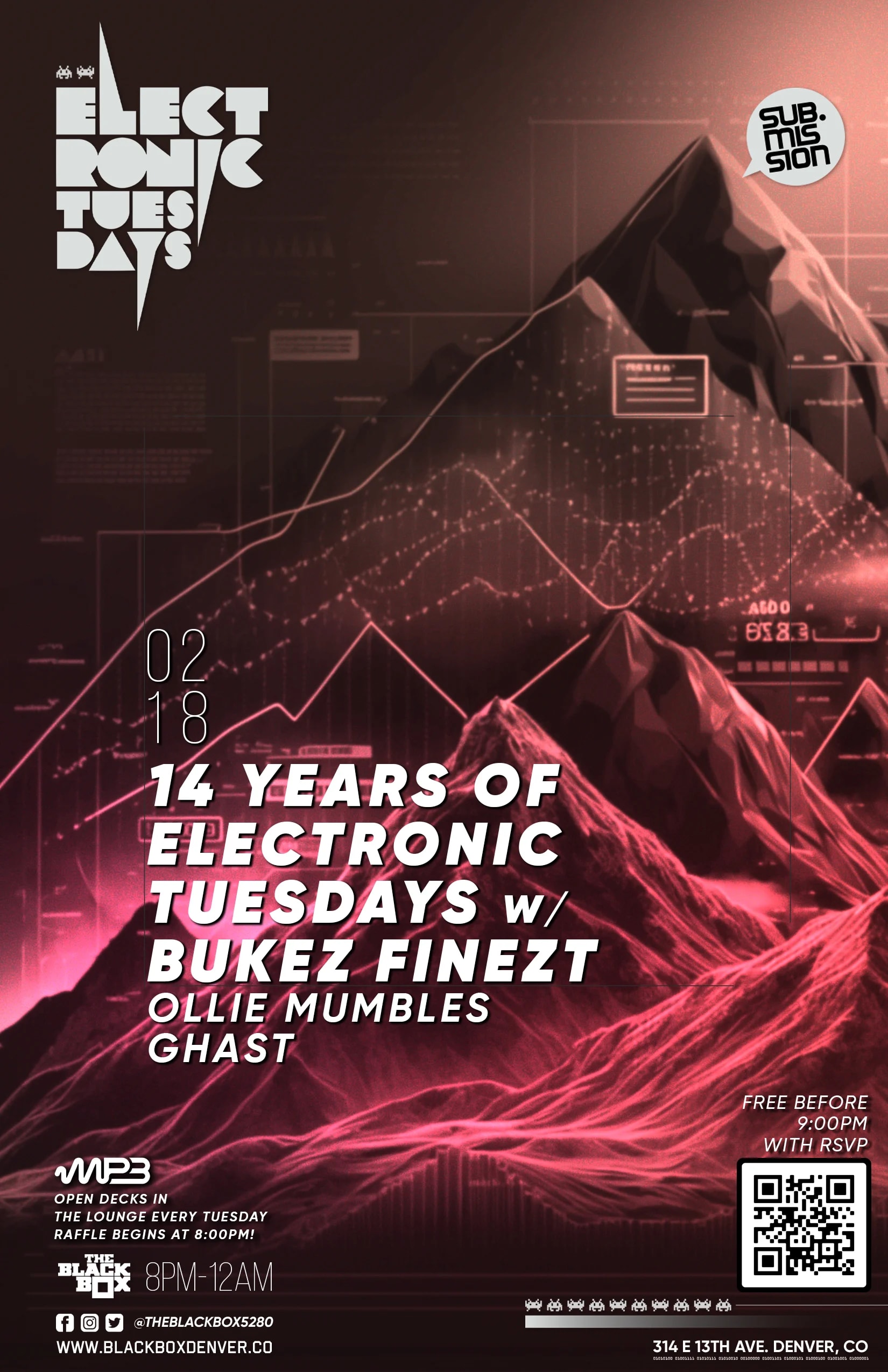 14 Years of Sub.mission Electronic Tuesdays: Bukez Finezt w/ Ollie Mumbles, Ghast + Open Decks sponsored by MP3 MAG