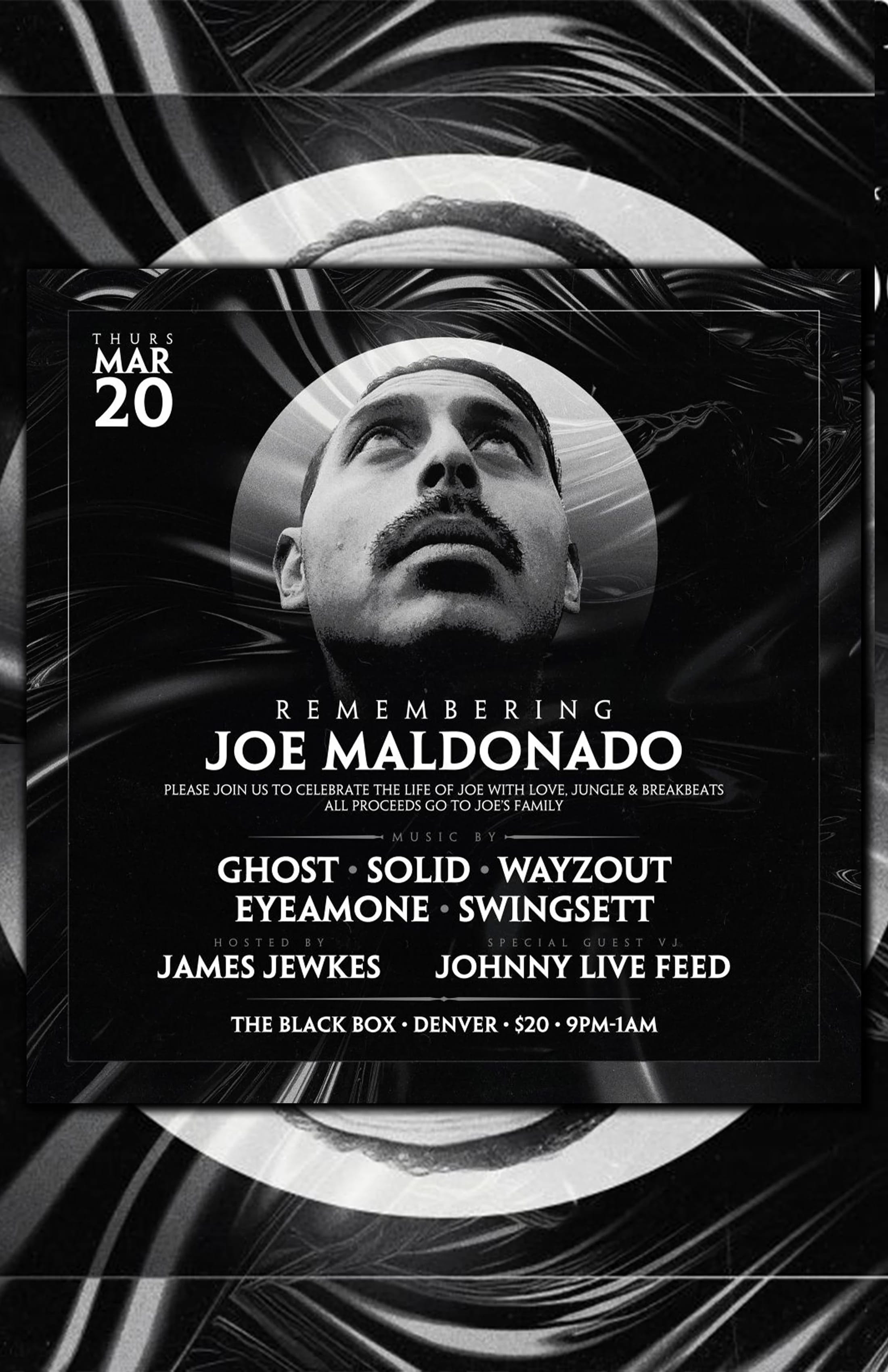 JUSJO Memorial Fundraiser: GHoST, Solid, Wayzout, Eyeamone, Swingsett. Hosted by James Jewkes. Visuals: Johnny Live Feed