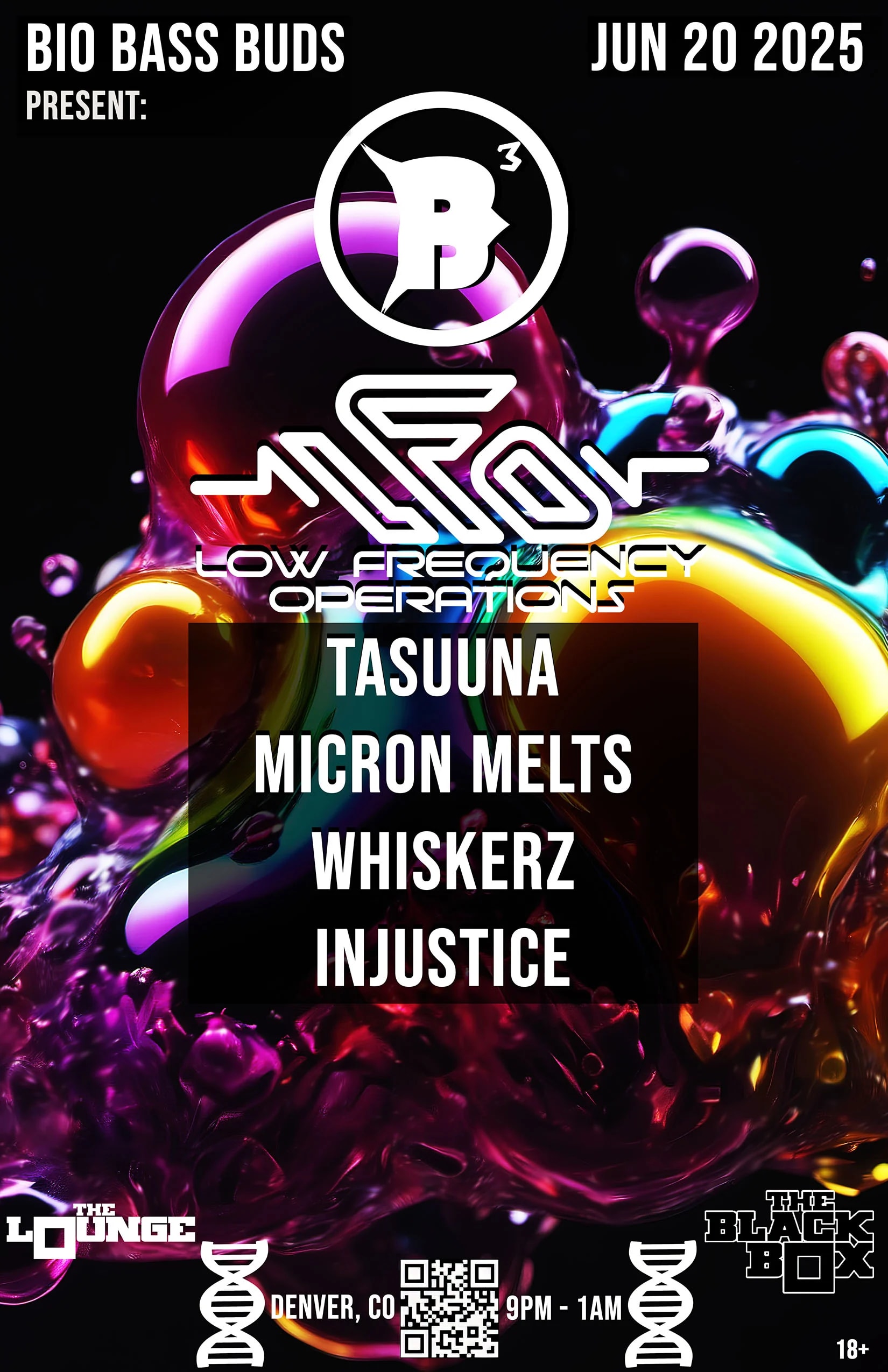 Bio Bass Buds: Tasuuna, Micron Melts, Whiskerz, Injustice. Hosted by DNA Proxi