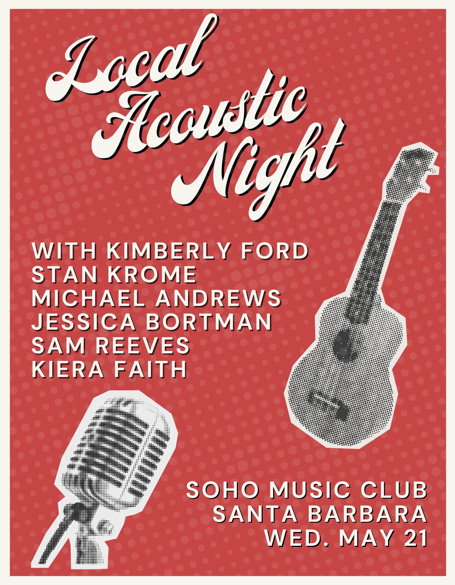 Local Acoustic Night with Kimberly Ford, Stan Krome, Michael Andrews, Jessica Bortman, Sam Reeves, and Kiera Faith!
