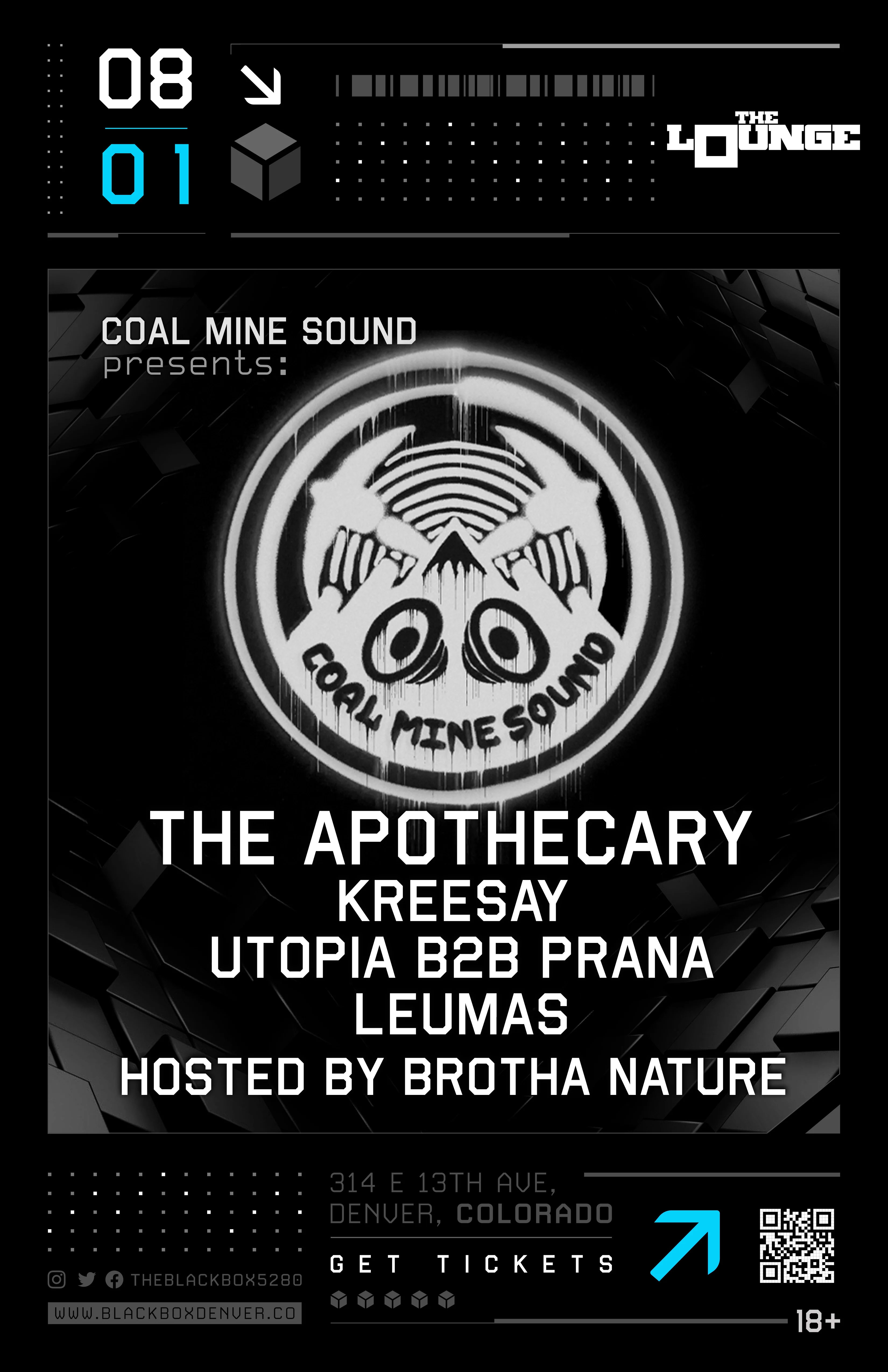 Coal Mine Sound: The Apothecary, Kreesay, Utopia B2B Prana, Leumas. Hosted by Brotha Nature
