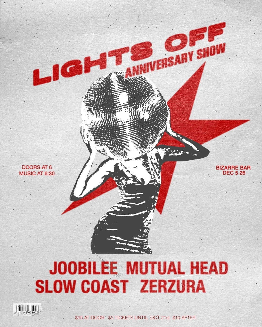 Lights Off Anniversary Show poster: a figure with a disco-ball head over a red star. Joobile, Mutual Head, Slow Coast, Zerzura. Bizarre Bar, Dec 5.
